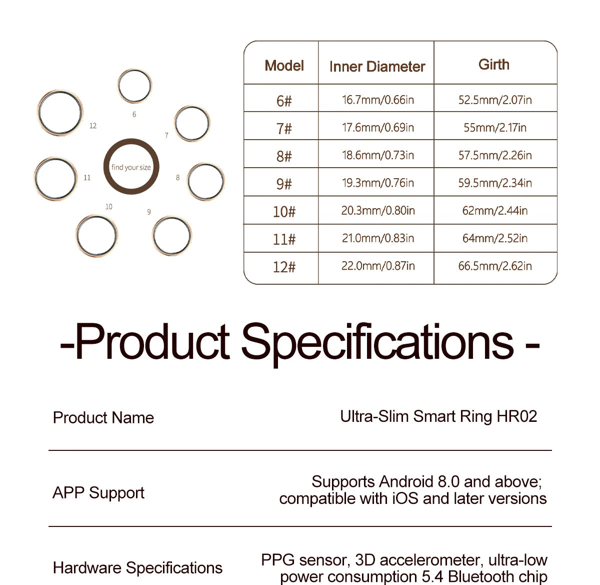 A size guide for a slim smart health ring, showing seven ring sizes with corresponding diameter and girth measurements.
