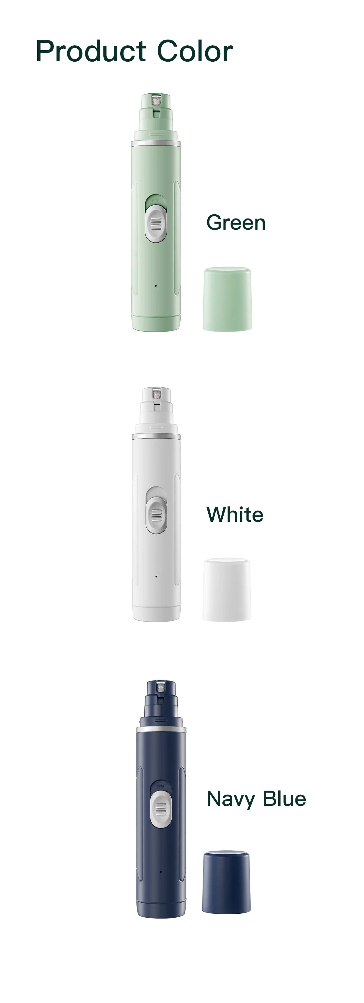 Three rechargeable electric pet nail grinders in green, white, and navy blue, each shown with a removable cap.