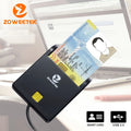 Black plastic Zoweetek USB 2.0 smart card reader with an inserted Spanish national identity card.
