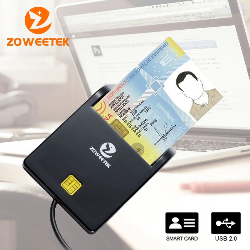 Black plastic Zoweetek USB 2.0 smart card reader with an inserted Spanish national identity card.