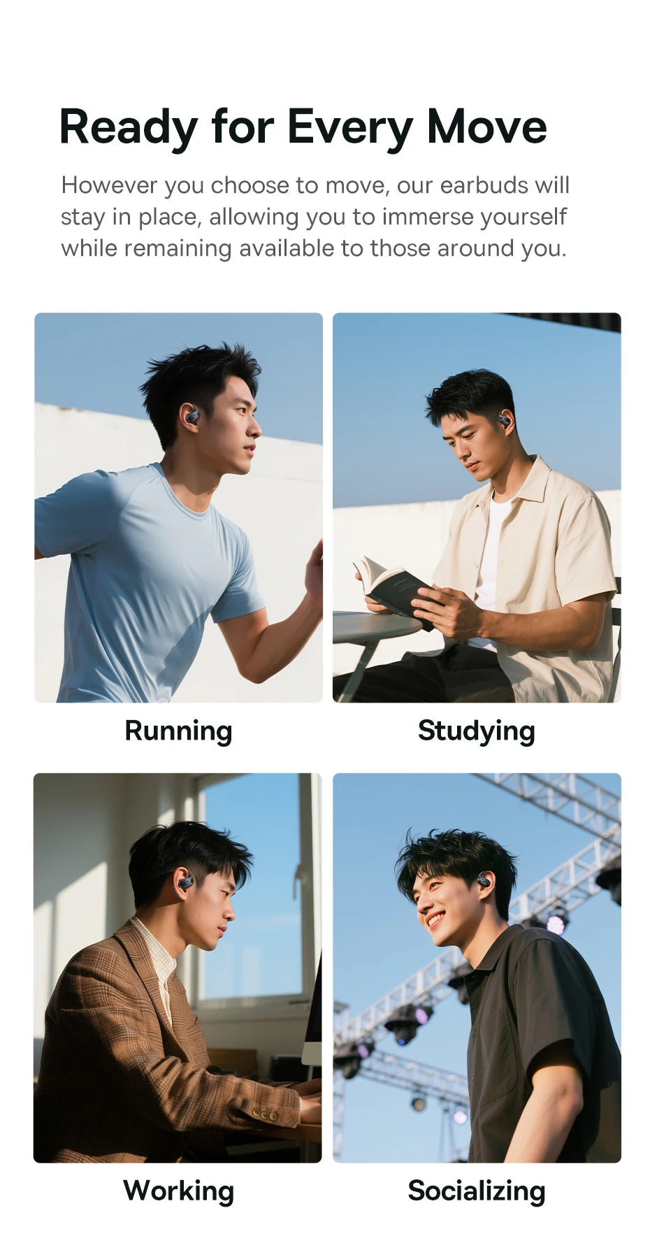 Four images showing a man wearing sleek, dark-coloured wireless open-ear earbuds while running, studying, working, and.