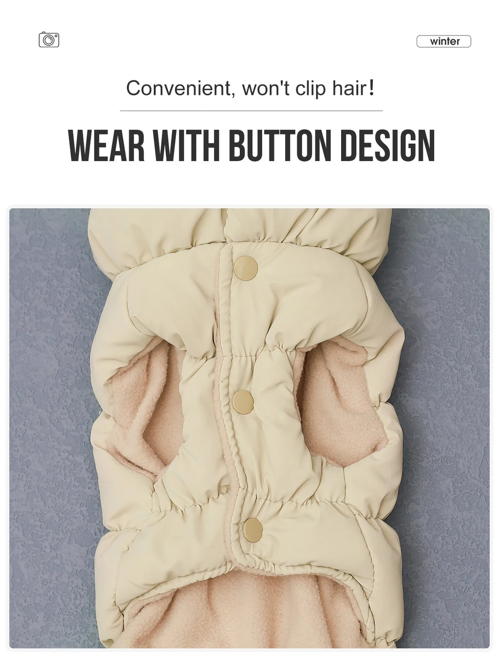 Cream, 3-layer padded dog jacket with a soft fleece lining and convenient snap-button fastening on the front.