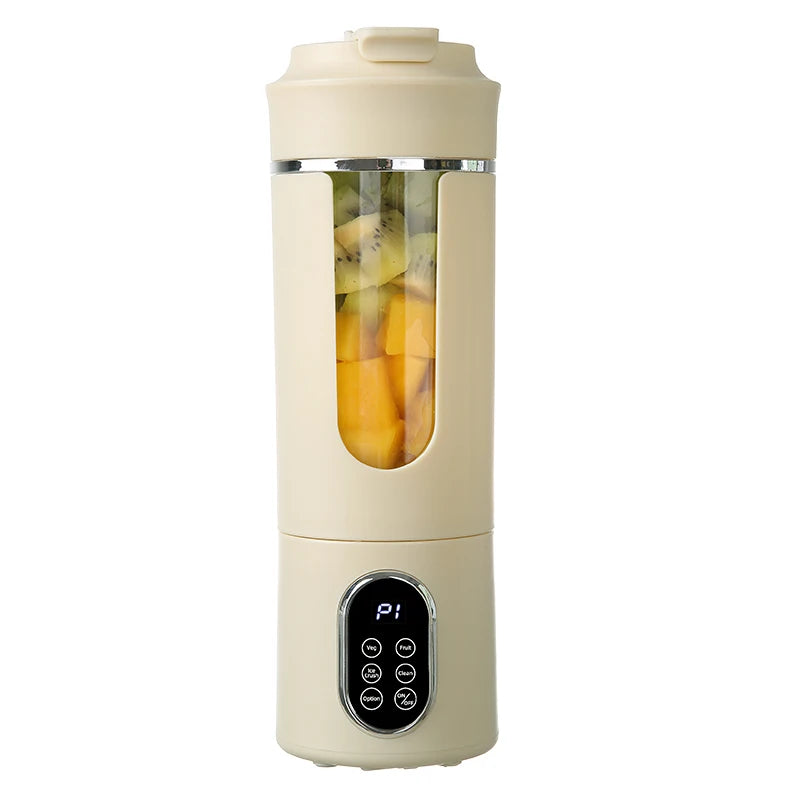Beige portable electric blender with a digital control panel, glass fruit-filled chamber, and minimalist design.