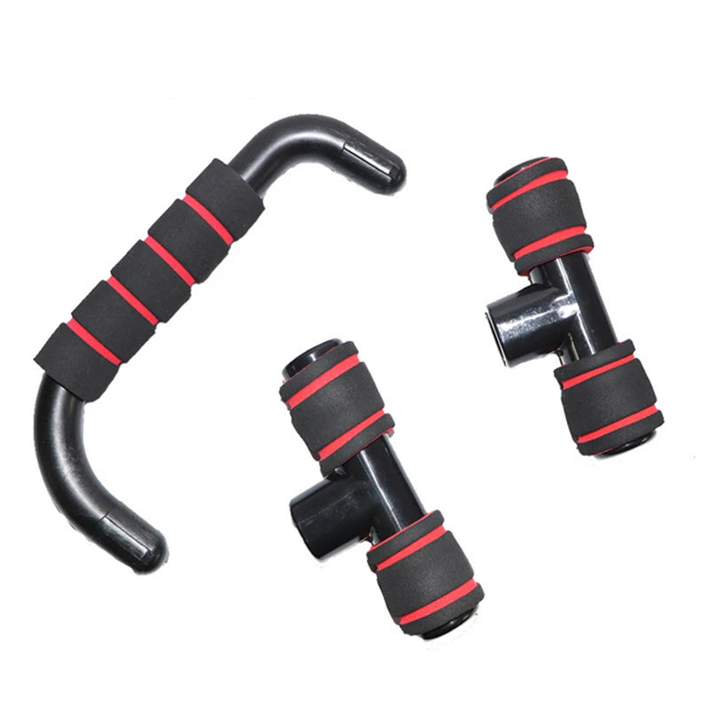 Three black and red push-up bar components, featuring foam-padded handles for comfort, against a white background.