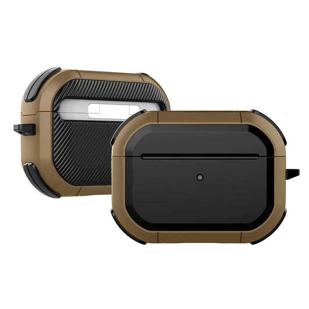 Rugged, tan and black hybrid AirPods Pro case with carbon fibre texture.
