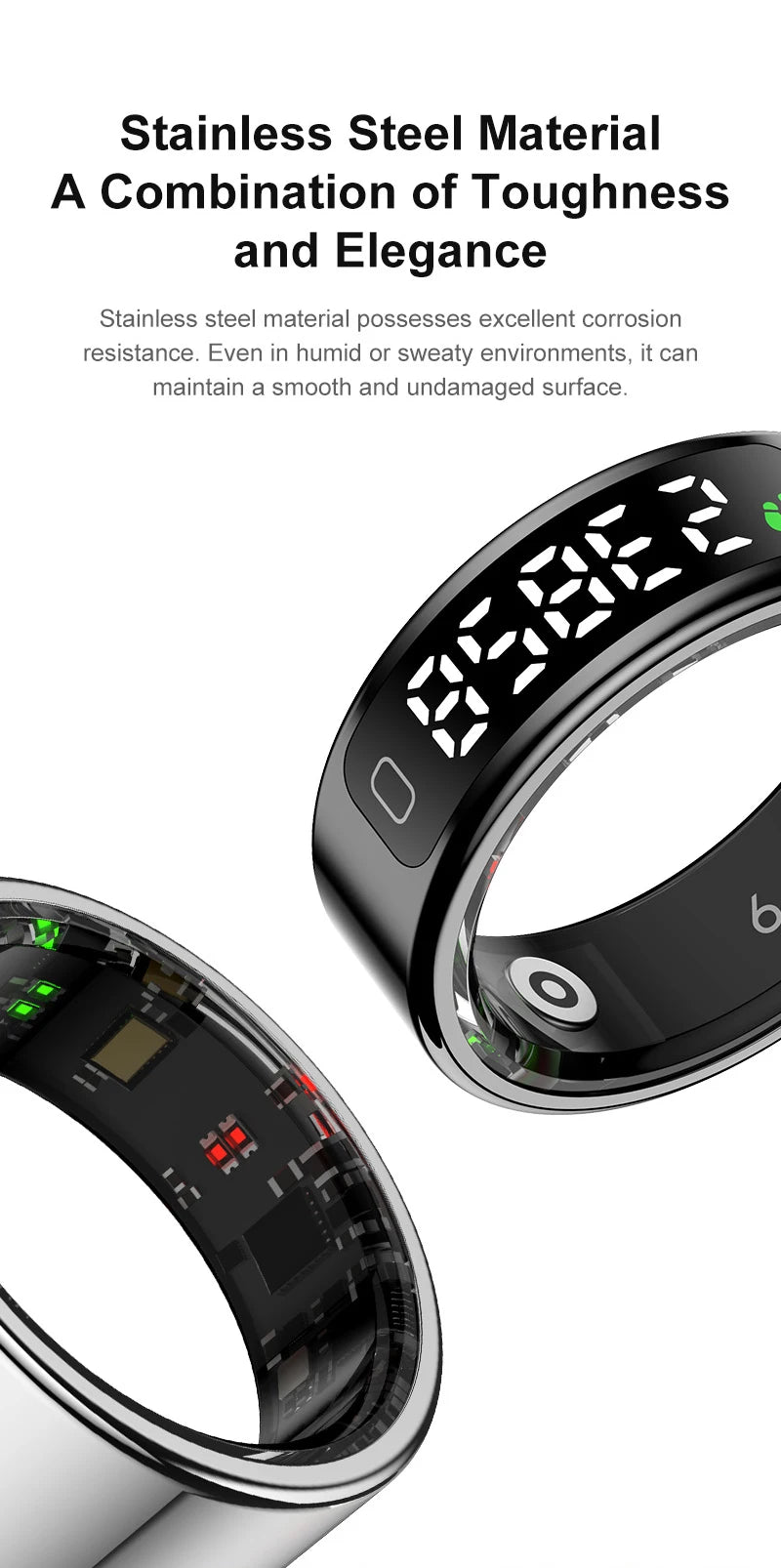 Sleek black stainless steel smart health ring with an LED digital display and internal biometric sensors.