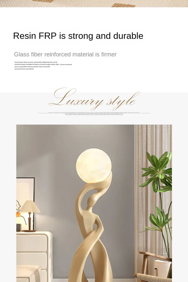 Elegant beige abstract resin floor statue featuring a smooth, curved human silhouette holding an illuminated sphere.