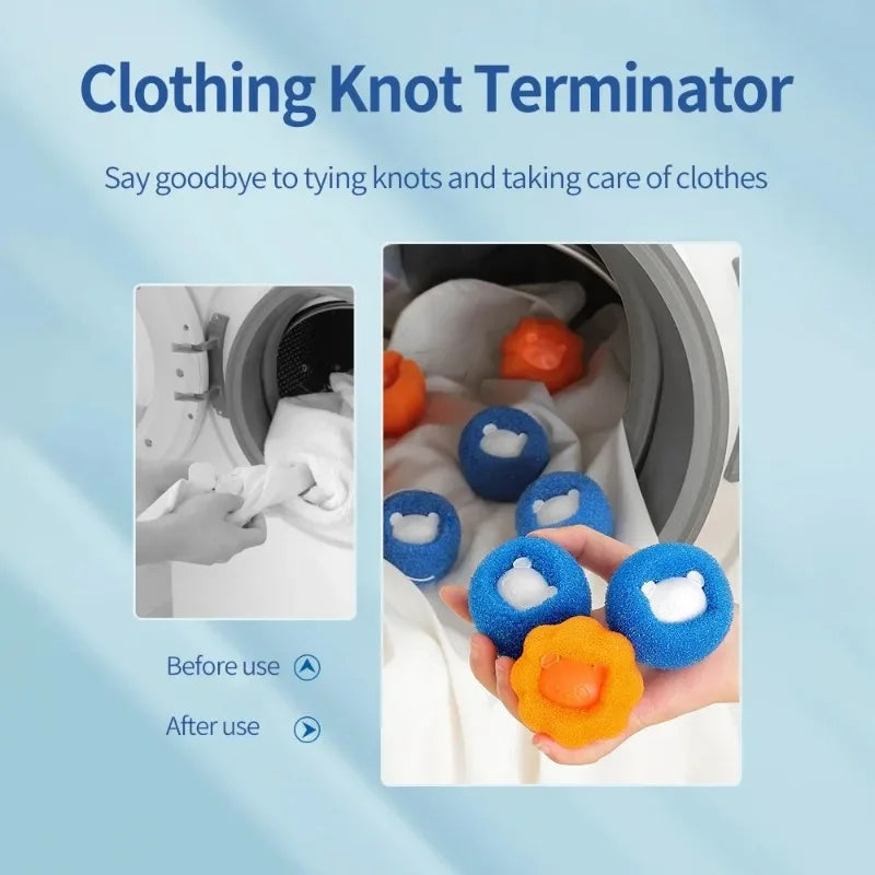 Blue and orange sponge balls for preventing laundry tangles, shown being held in front of a washing machine.