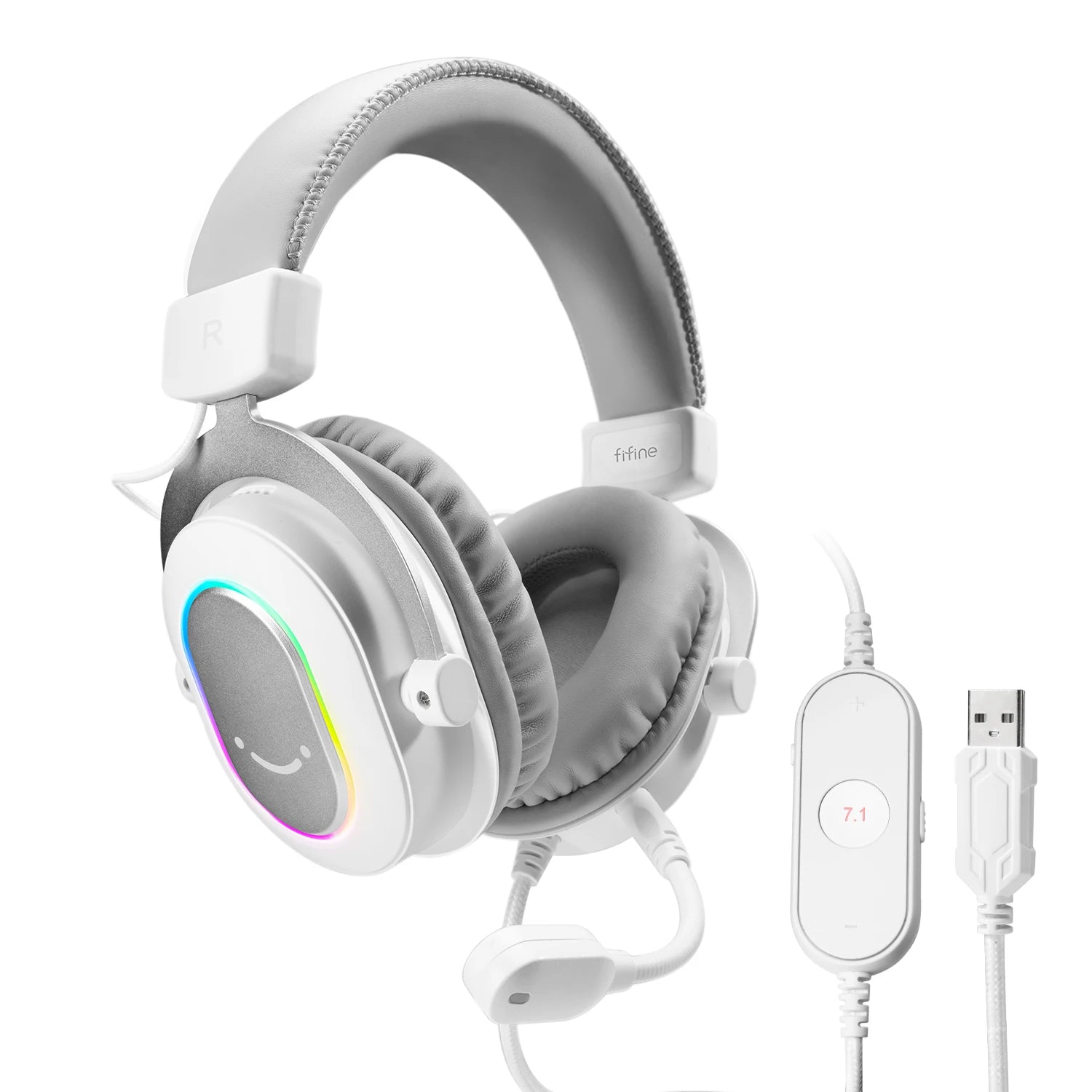 White gaming headset with cushioned headband, RGB lighting, microphone, and a 7.1 surround sound control remote.
