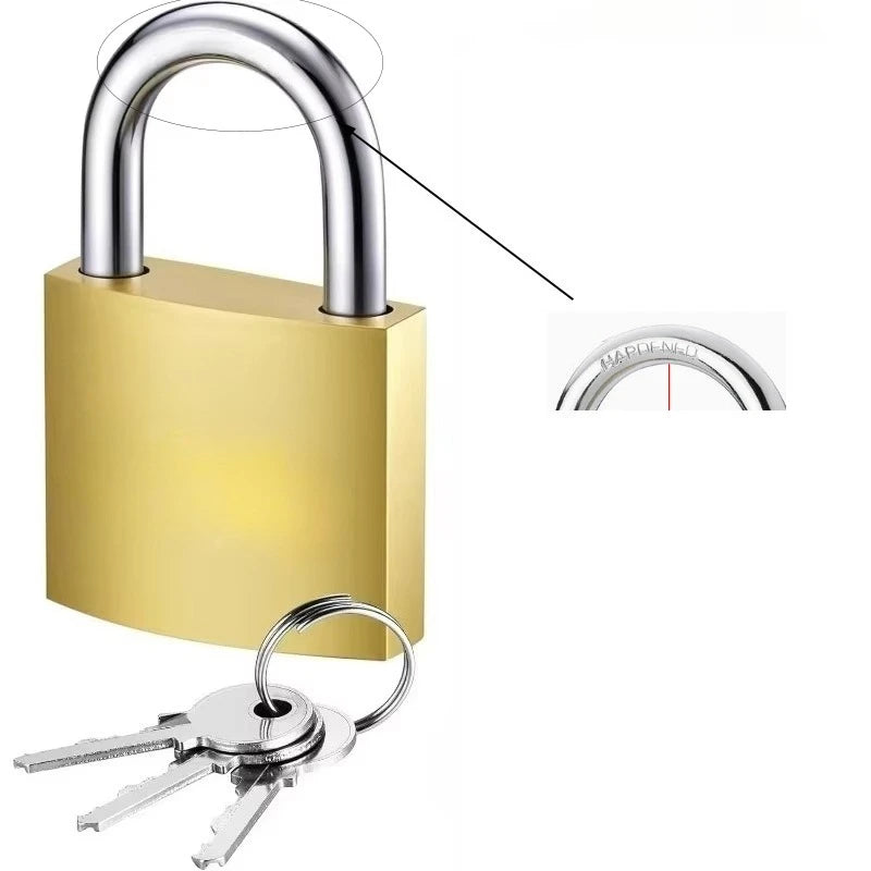 Gold-colored brass padlock with a silver hardened steel shackle and three keys.