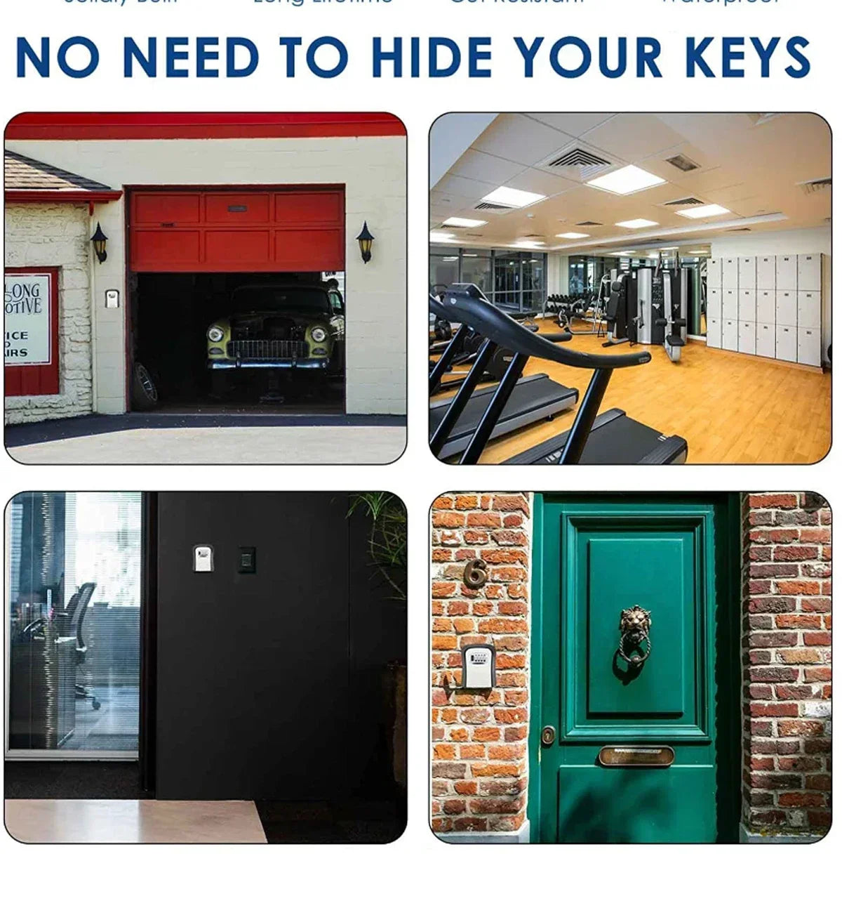 Wall-mounted silver and black metal combination key lock box shown installed in various outdoor and indoor locations.