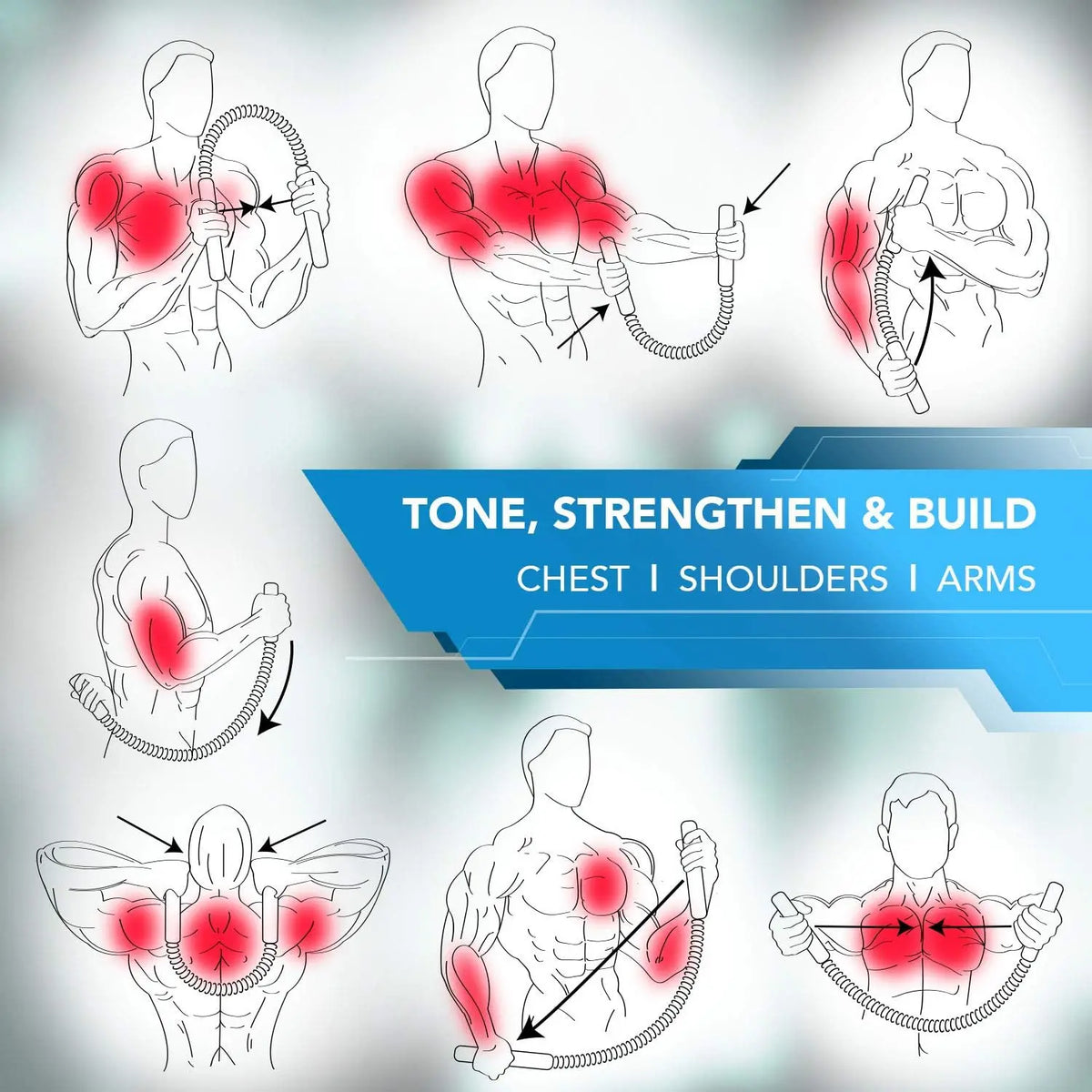Diagram showing exercises for chest, shoulders, and arms using a spring power twister exercise stick.