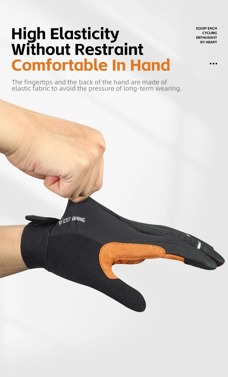 Black West Biking cycling gloves with orange palm detail being pulled on by hand.