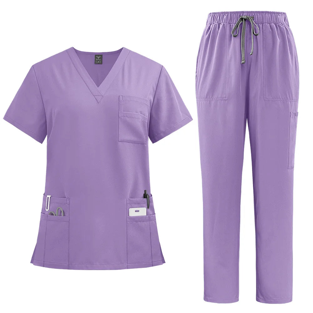 Lilac women’s professional scrub set featuring a V-neck top with multiple pockets and matching elasticated trousers.