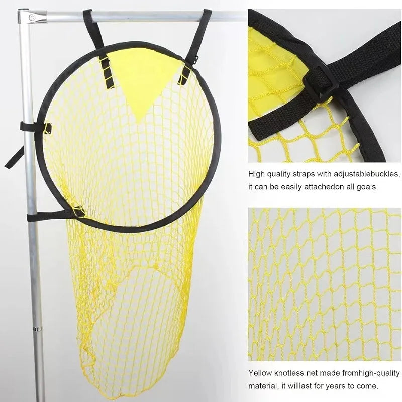 Yellow circular goal target net with adjustable black attachment straps, made from durable, high-quality material.