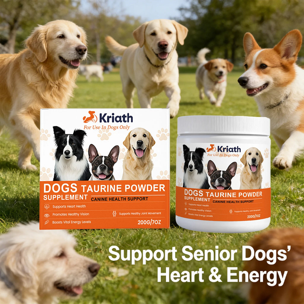 200g taurine powder supplement for dogs in a tub and box, supporting heart, vision, energy, and joint health.