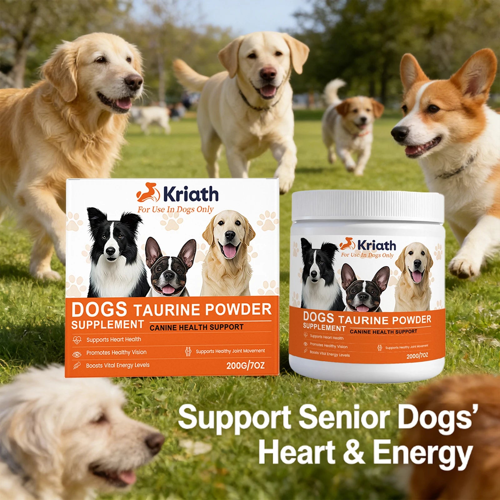 200g taurine powder supplement for dogs in a tub and box, supporting heart, vision, energy, and joint health.