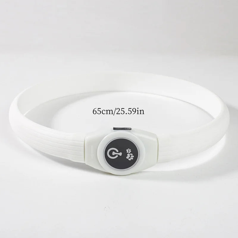 A white, 65cm waterproof LED dog collar with a central button featuring bone and paw print icons.