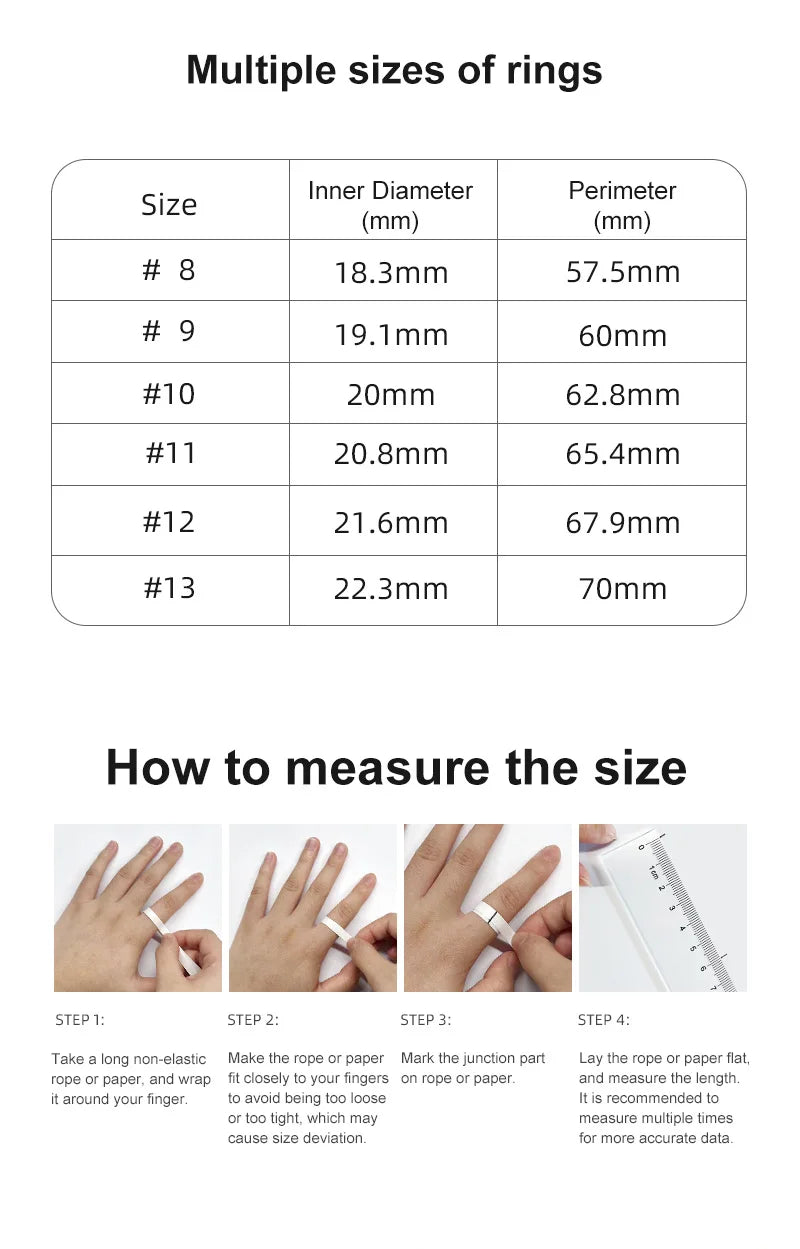 Sizing guide for the smart fitness ring, showing a measurement chart and four steps on how to measure your finger size.