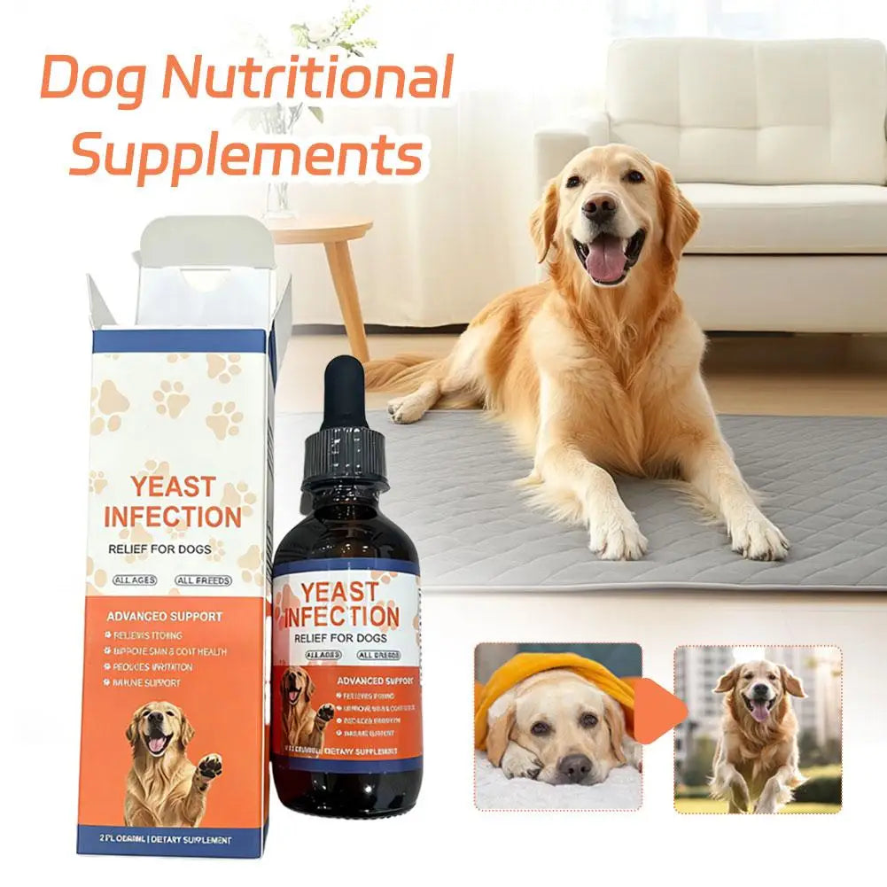 Amber dropper bottle and box for dog yeast infection relief, promoting skin, coat, and immune health.