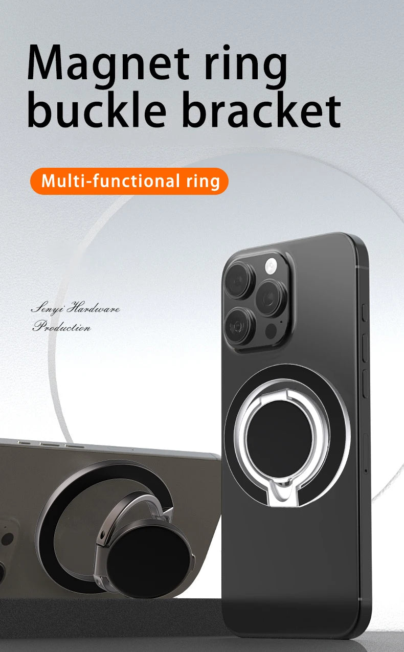 Silver magnetic phone ring holder attached to the back of a black smartphone, shown as a stand and grip.