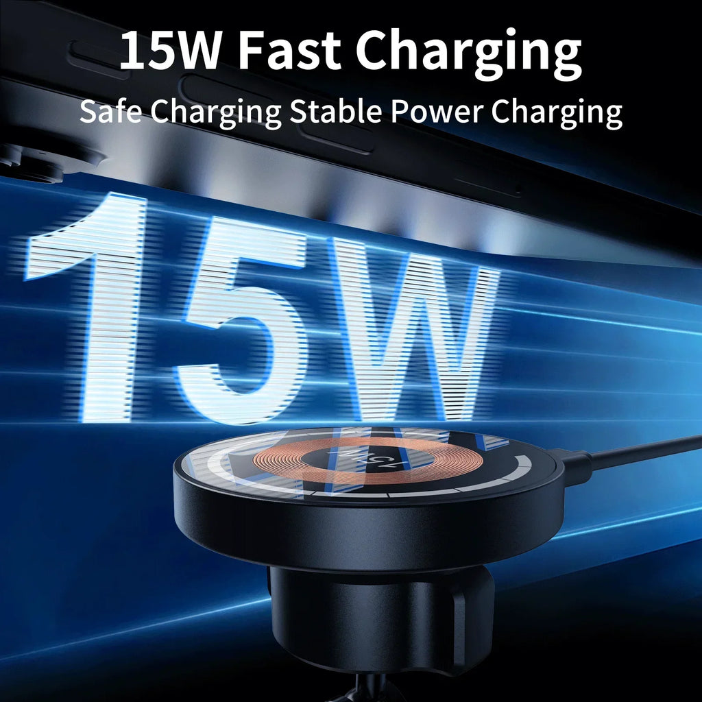 Black circular magnetic wireless charger with visible copper coil, glowing 15W text, and blue speed-effect background.