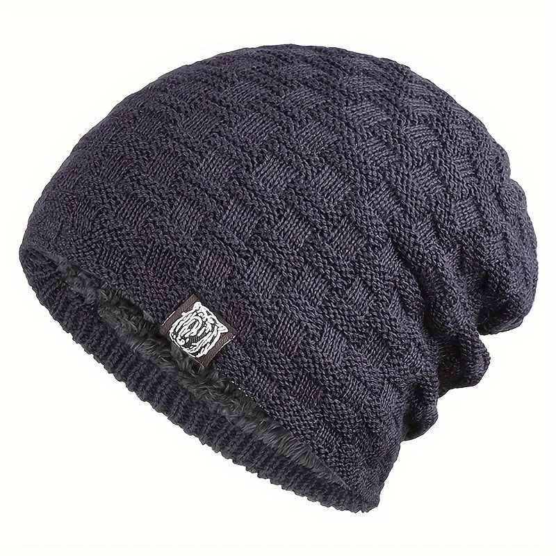 Dark grey men's beanie with a textured knitted pattern and soft, plush fleece lining.