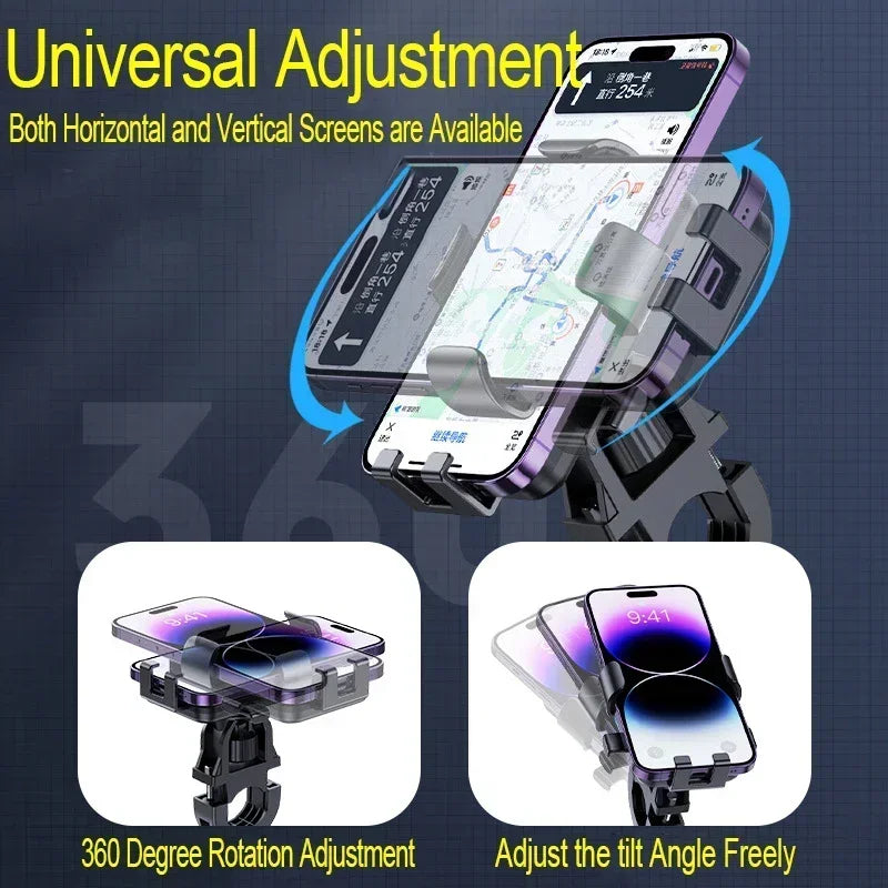 Black universal phone mount for bicycles/motorcycles with 360-degree rotation and adjustable tilt for any screen angle.