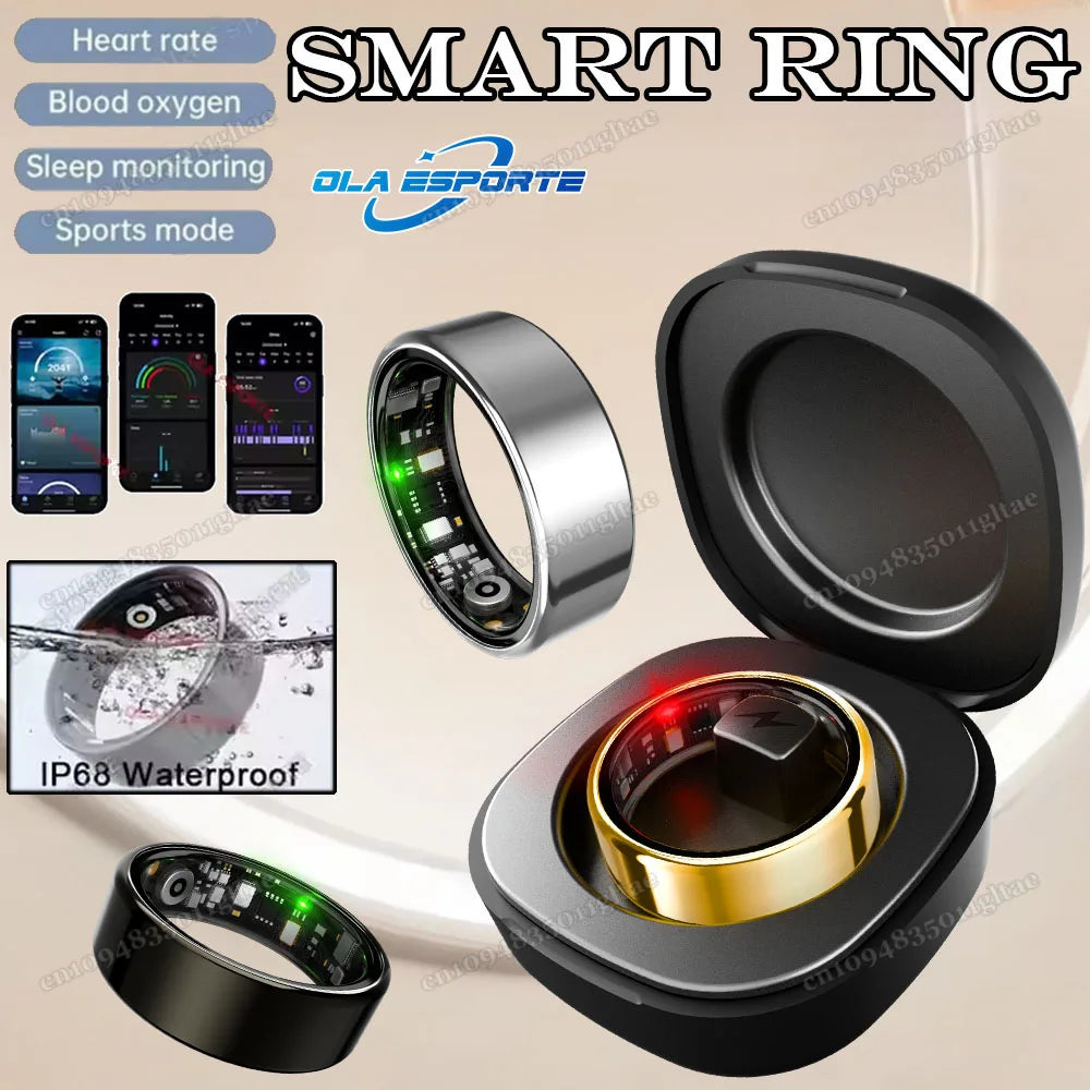 Sleek silver and gold smart health rings with sensors, shown with a charging case, mobile app data, and waterproof test.