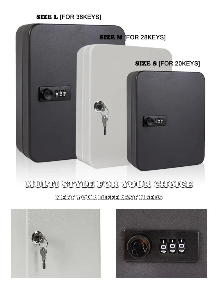 Three metal key cabinets in black and white with combination locks or key entry, available in sizes for 20-36 keys.