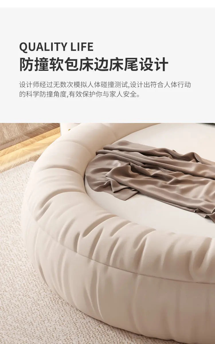 Modern, minimalist cream-coloured 200x200cm bed frame with a soft, rounded, padded edge for added comfort and safety.