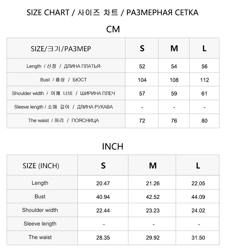 Size guide chart showing length, bust, shoulder, and waist measurements for sizes S, M, and L in cm and inches.
