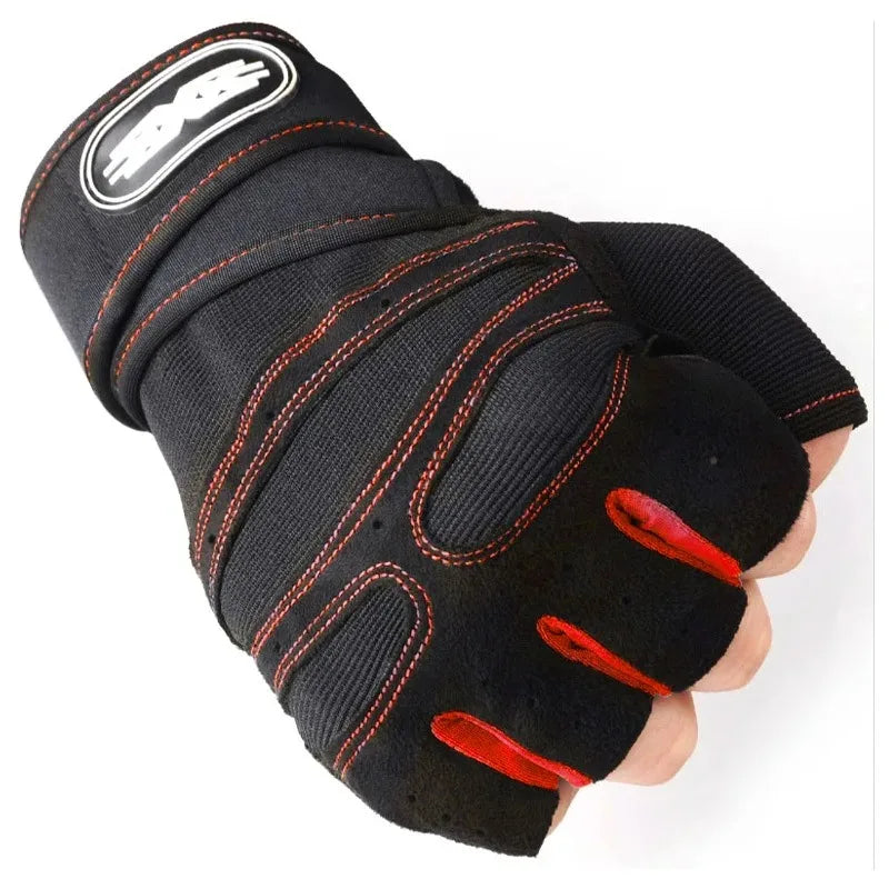 Black fingerless weightlifting gloves with red stitching and a branded wrist strap on a white background.