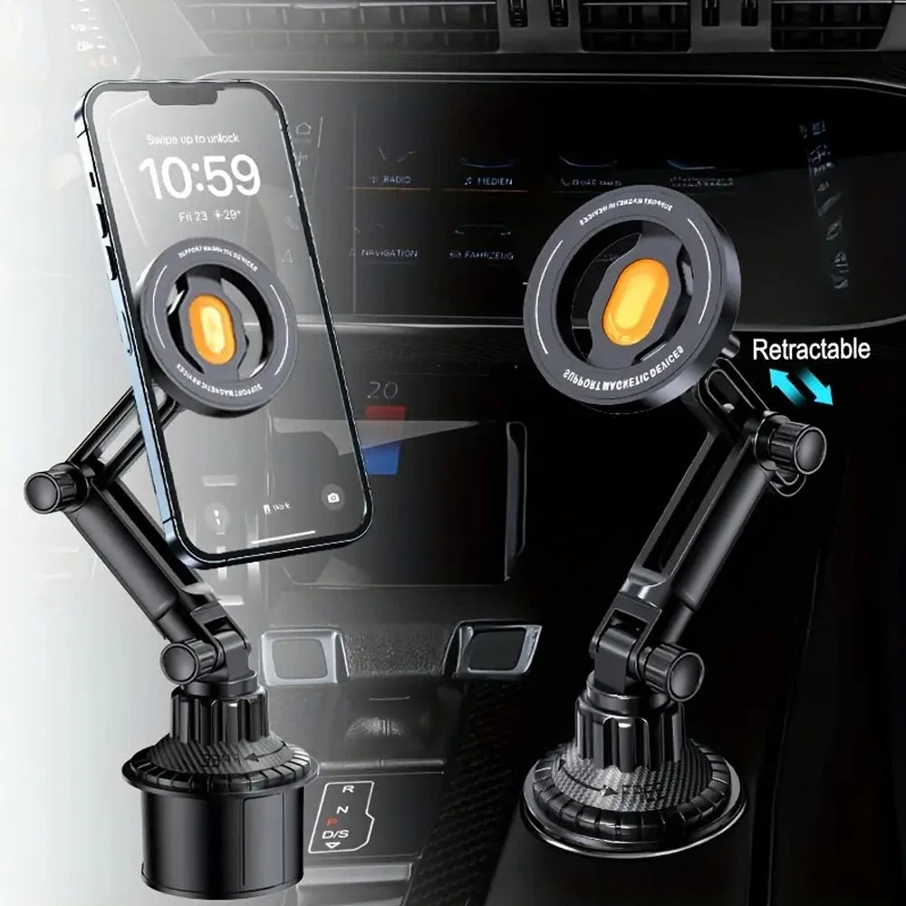 Black, retractable magnetic car phone mount with an adjustable arm and cup holder base.