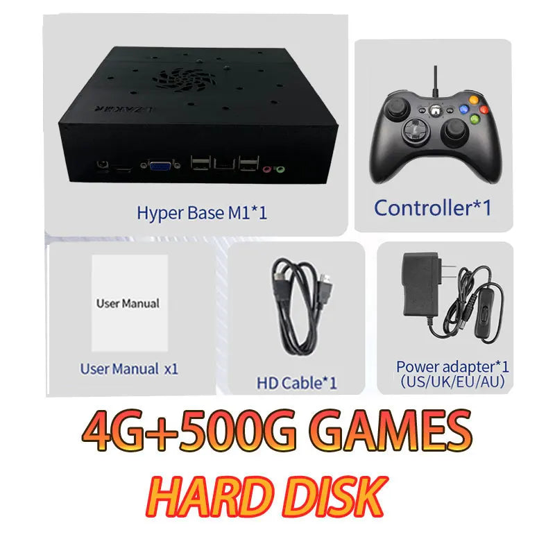 Black X88 console with ventilation holes, gamepad controller, user manual, HD cable, and power adapter.