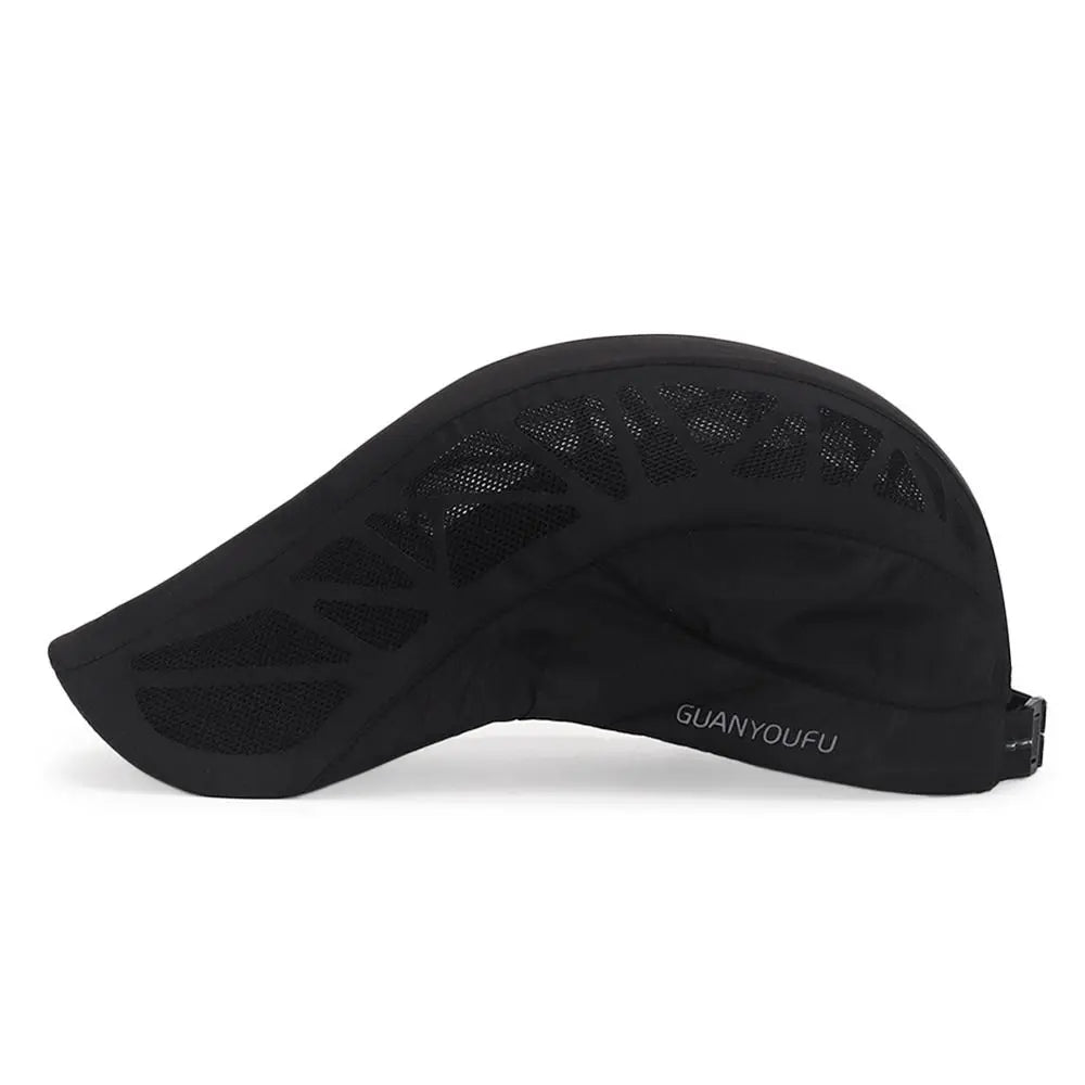 Men's black flat cap in a lightweight, breathable mesh fabric with an adjustable buckle strap at the back.