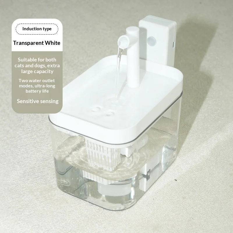 White, automatic pet water fountain with a transparent tank, filter, and motion sensor spout.