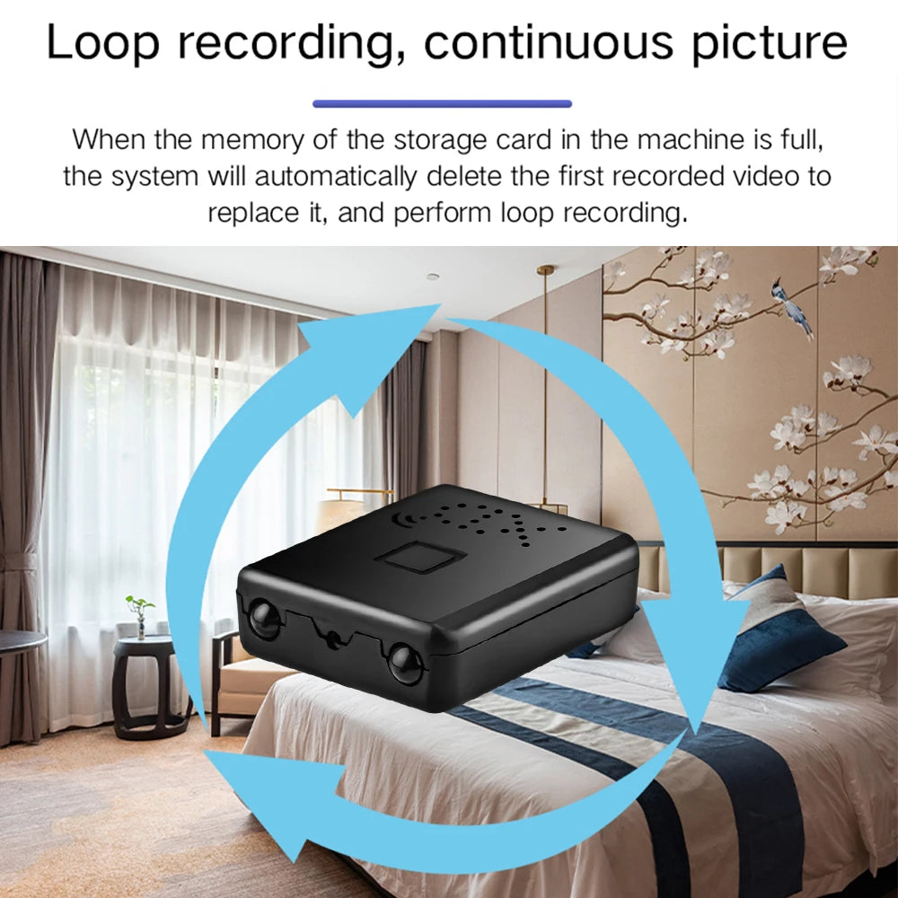 Black plastic mini security camera with two lenses, shown in front of a bedroom background with loop arrows.