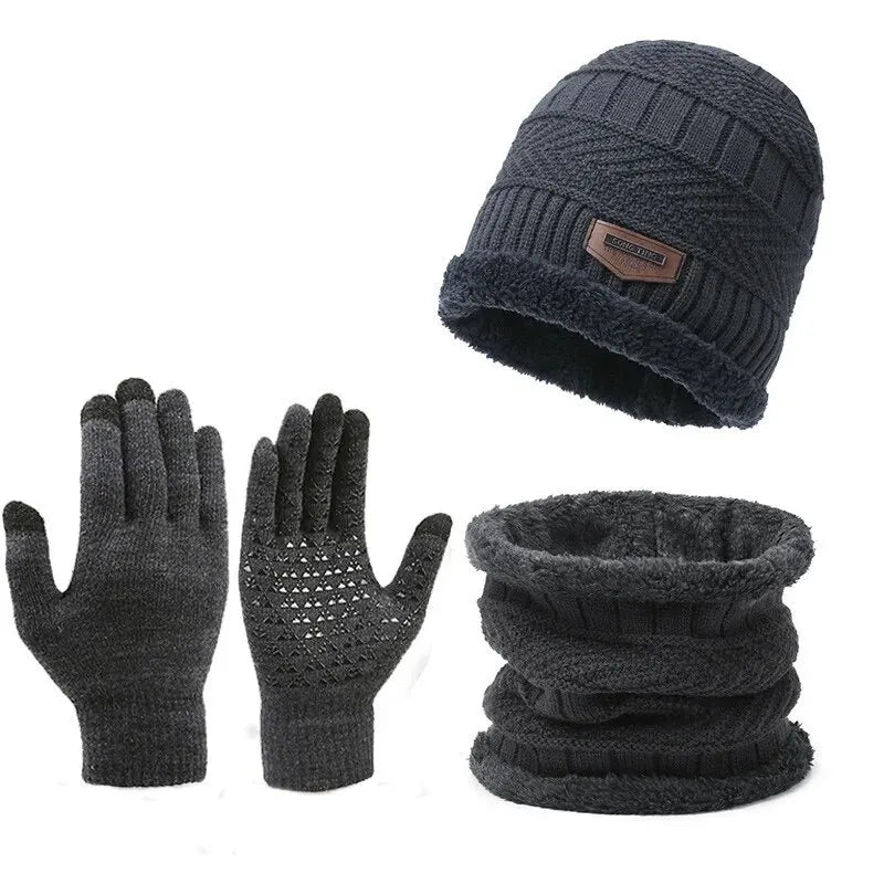 Men’s dark grey 3-piece winter set: fleece-lined beanie, chunky knit snood, and touchscreen-compatible gloves.