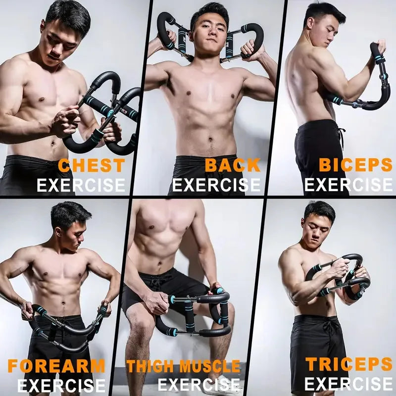 Six panels show a man demonstrating exercises using a black and blue adjustable arm trainer.