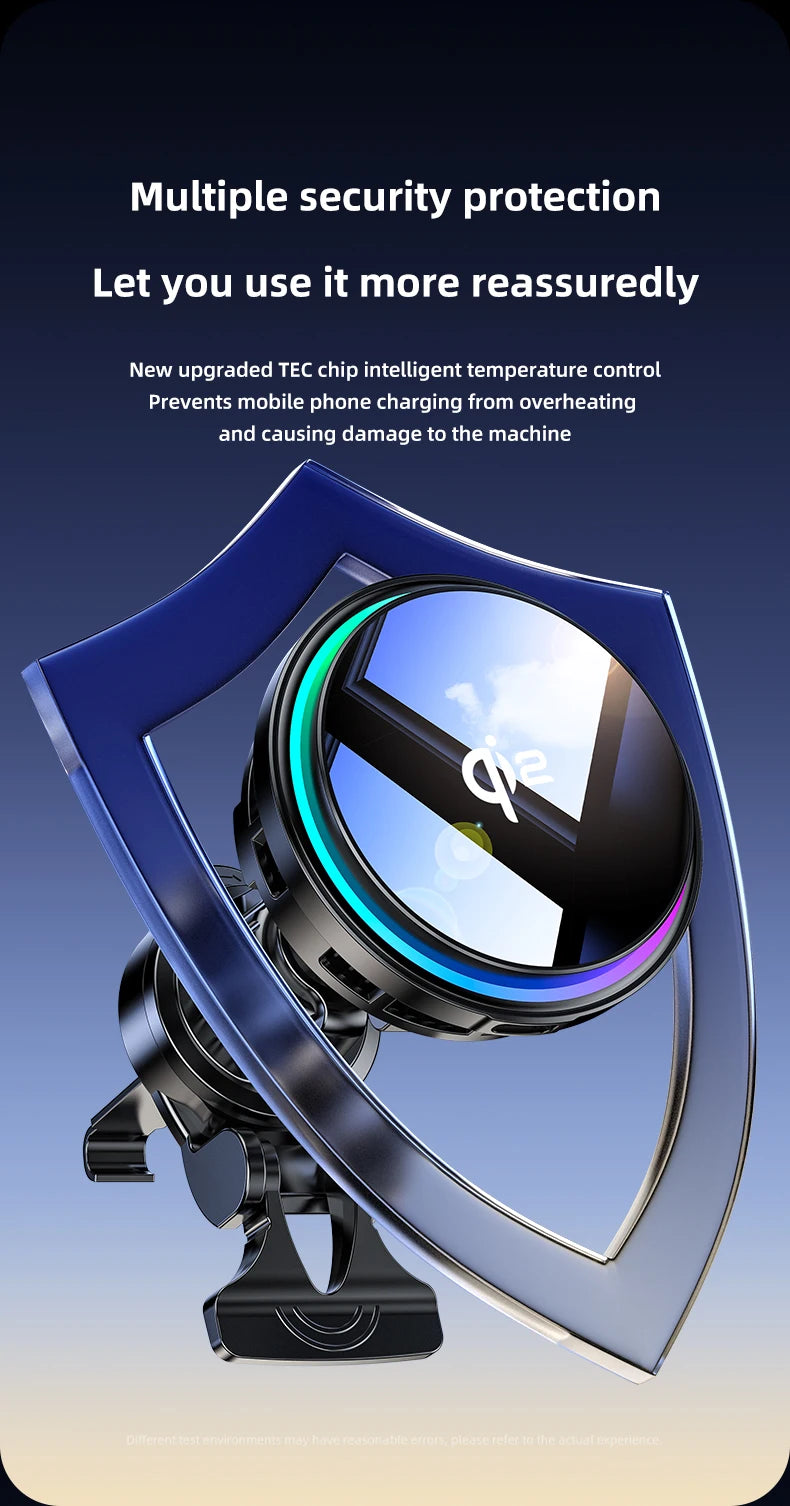 Black magnetic phone cooler with colorful RGB ring light, shield-shaped design, and vent clip mount.