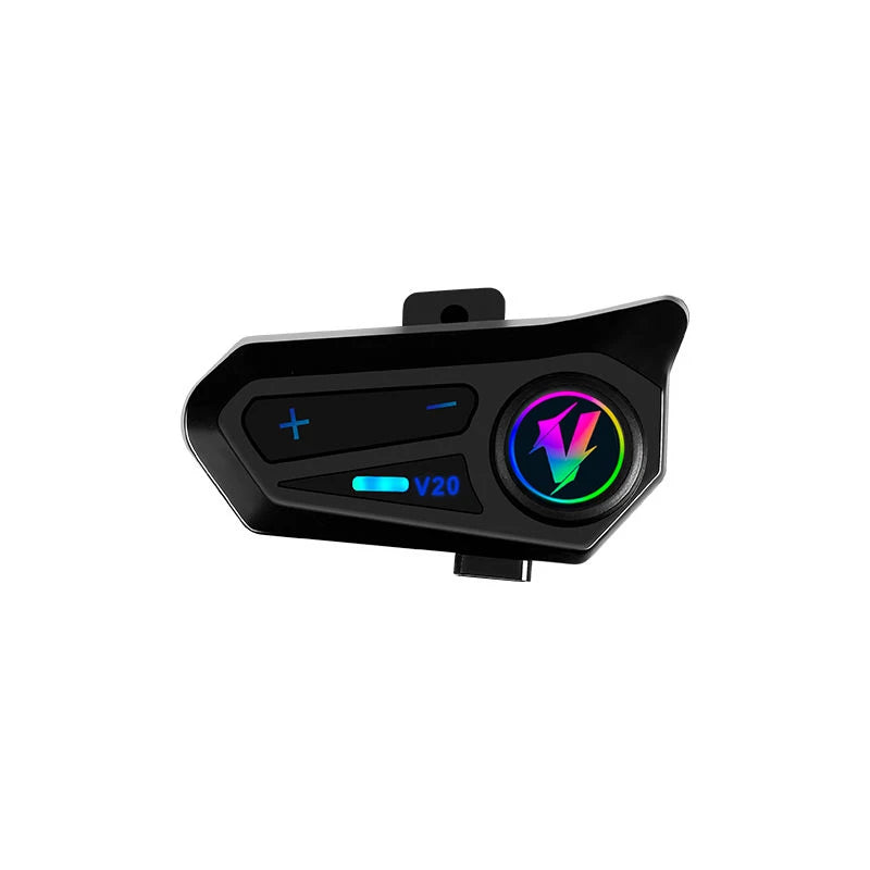 Sleek black Bluetooth helmet headset with volume controls and a vibrant, rainbow-lit circular button.