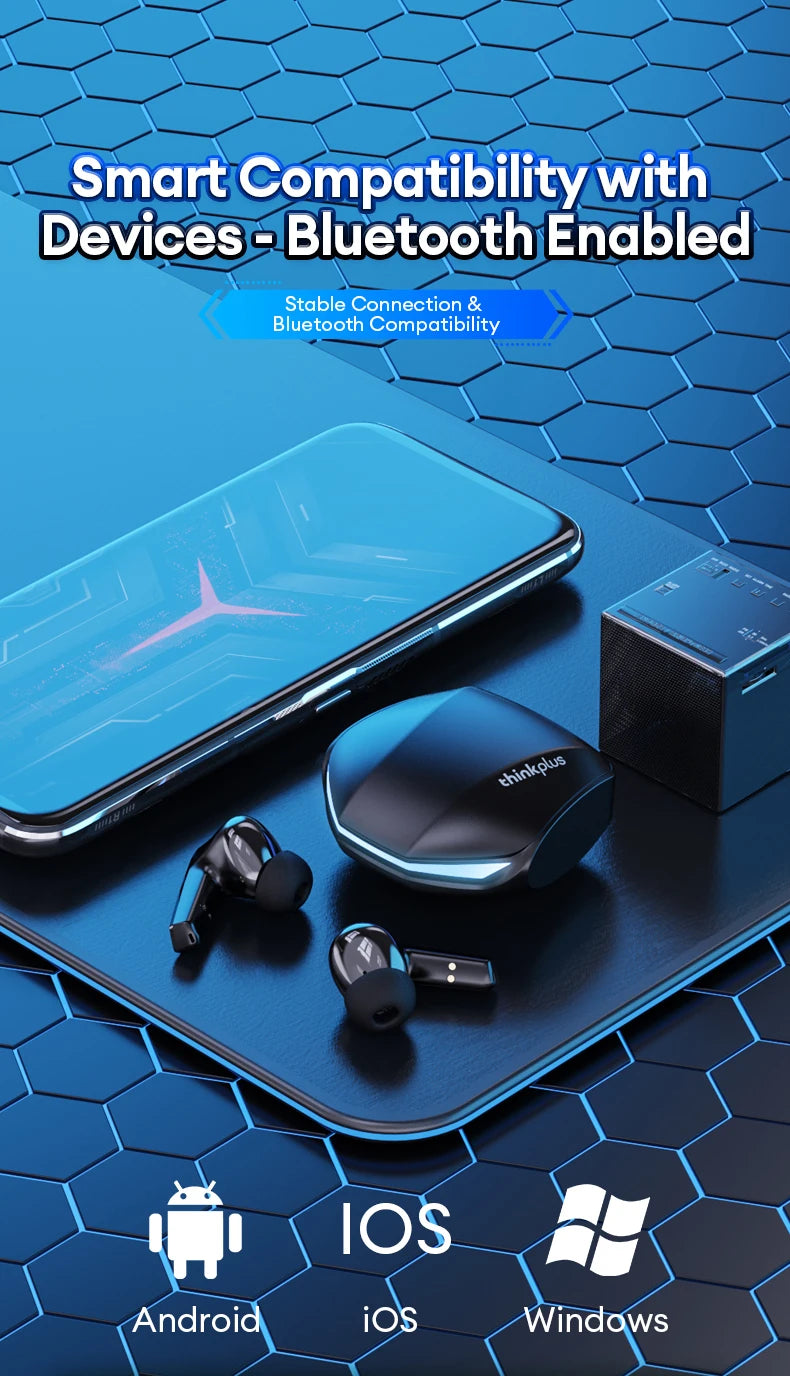 Black wireless earbuds with a sleek, aerodynamic charging case on a blue, geometric-patterned tech background.