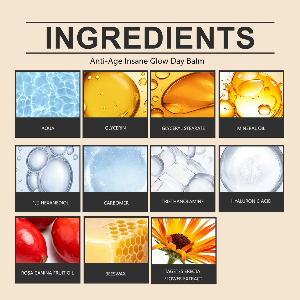Infographic showcasing eleven skincare ingredients for an anti-age glow balm, featuring macro shots of textures and flora.