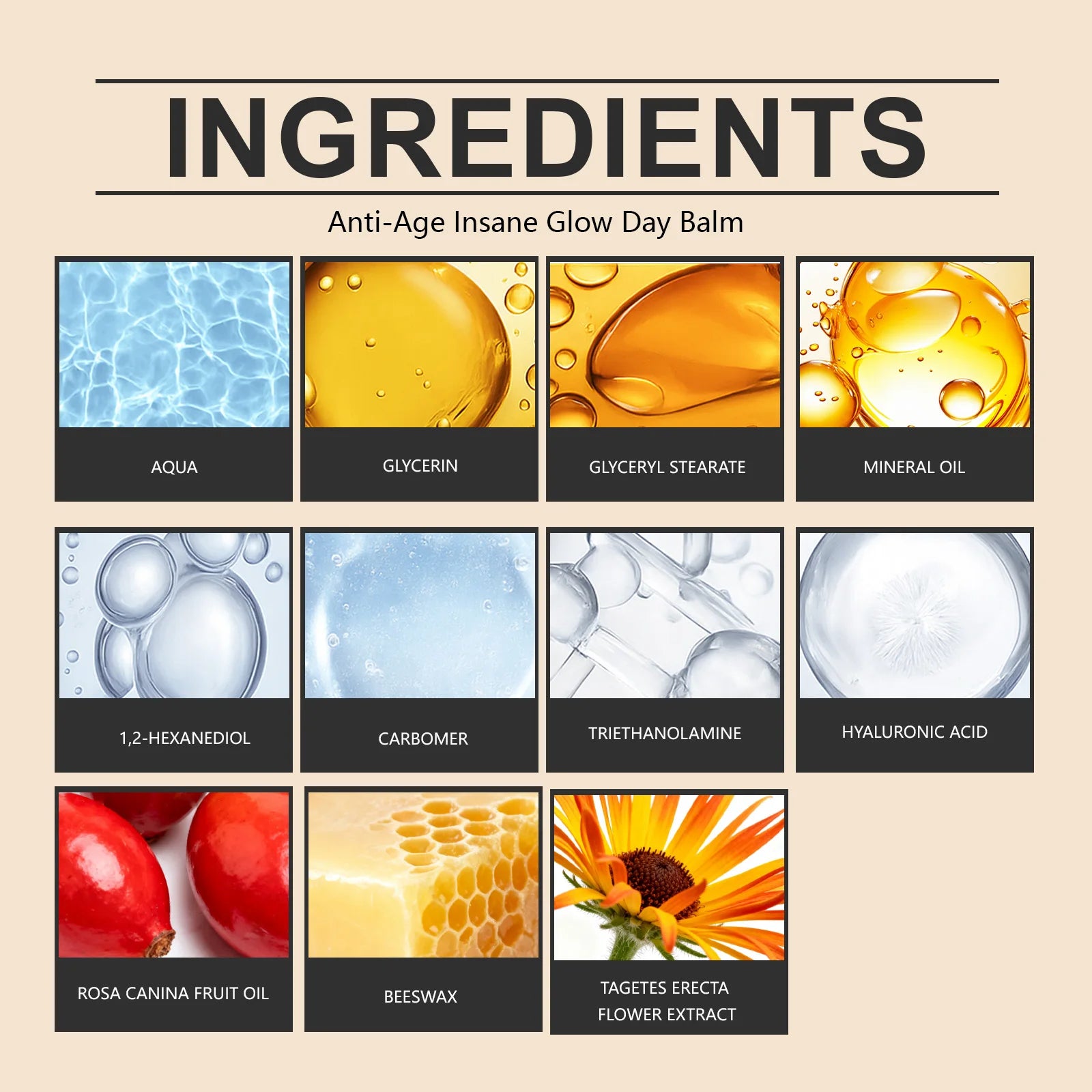 Infographic showcasing eleven skincare ingredients for an anti-age glow balm, featuring macro shots of textures and flora.