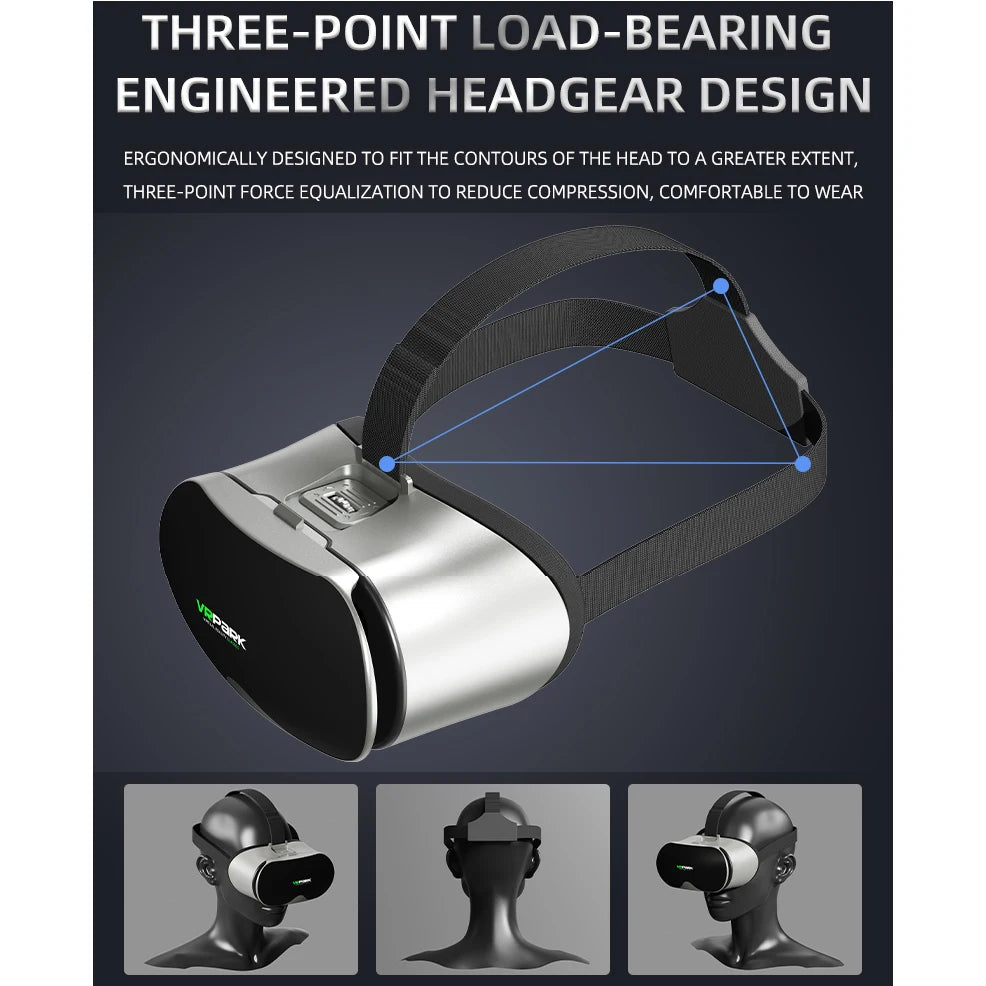 Silver and black VR headset with adjustable head straps, demonstrating ergonomic three-point weight distribution.