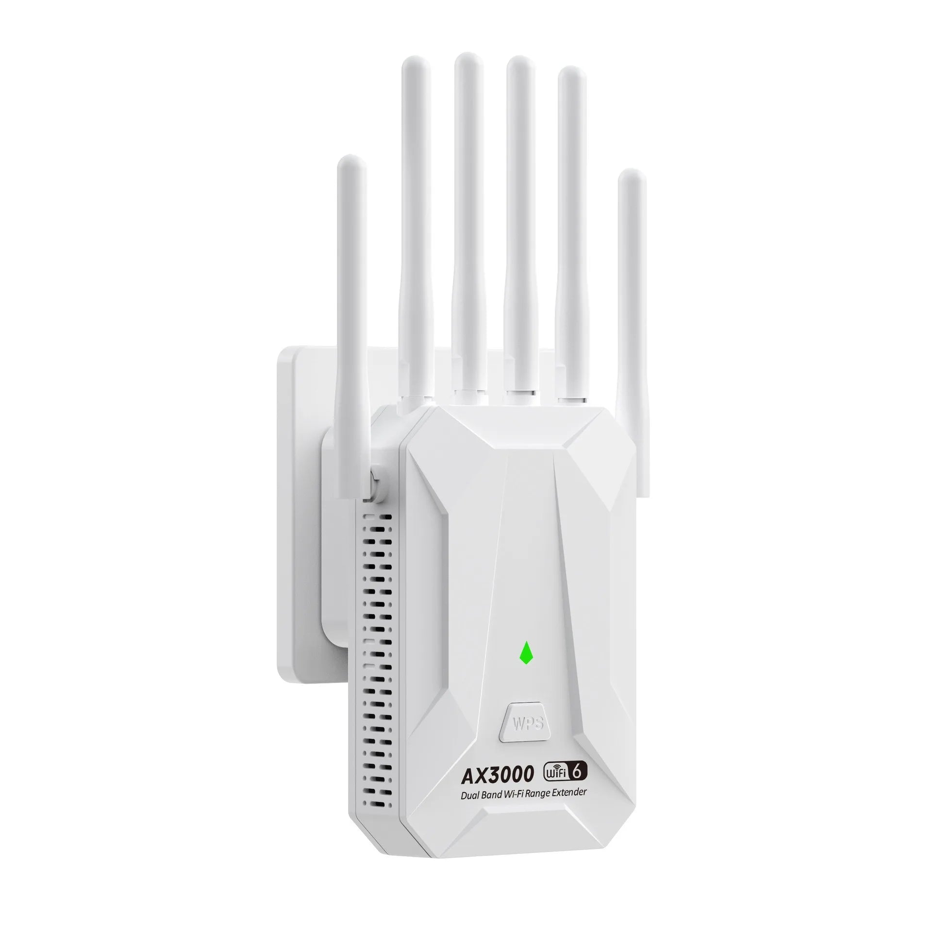 White, angular WiFi 6 range extender with five external antennas and a green status light.