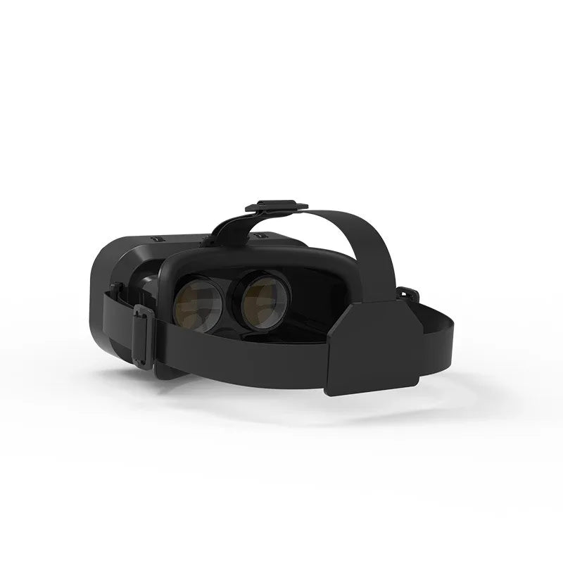 Black smartphone VR headset with an adjustable head strap and two internal lenses, isolated on a white background.