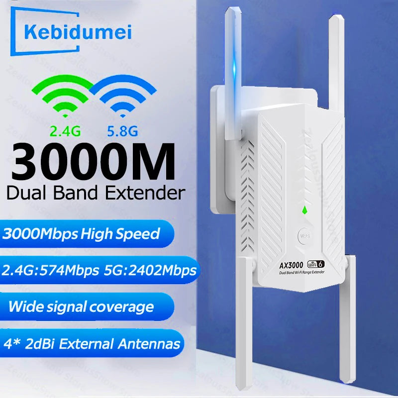 White WiFi 6 range extender with four external antennas and LED status lights. Provides 3000Mbps dual-band coverage.