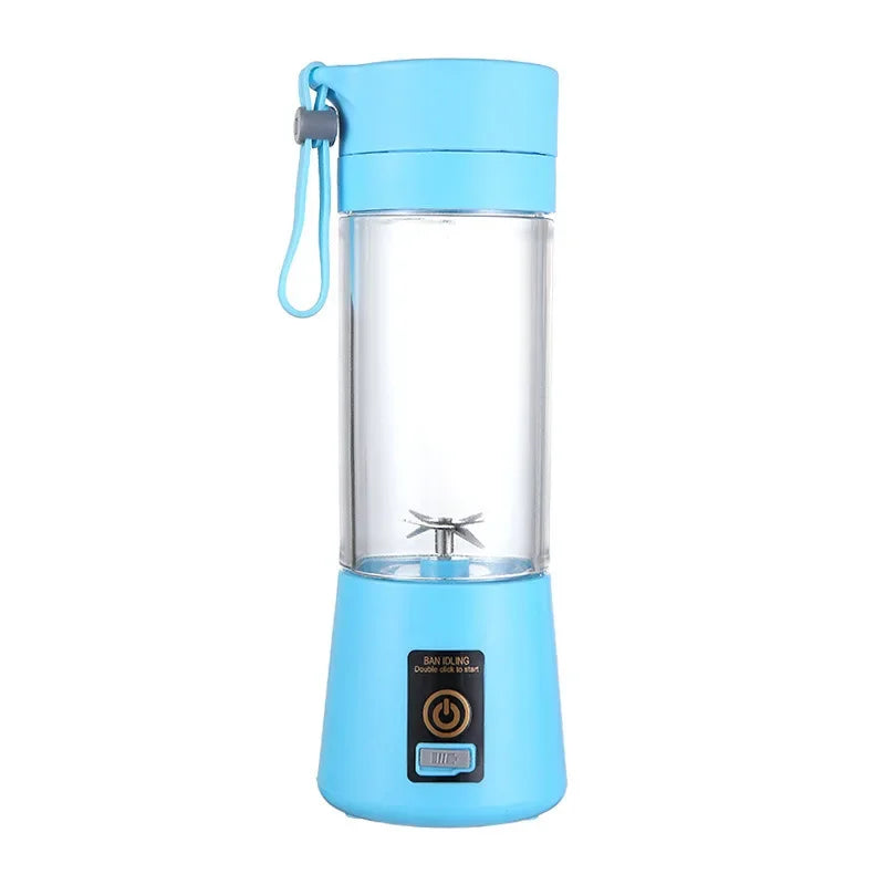 Portable light blue blender with a clear container, stainless steel blades, and a power button on the base.